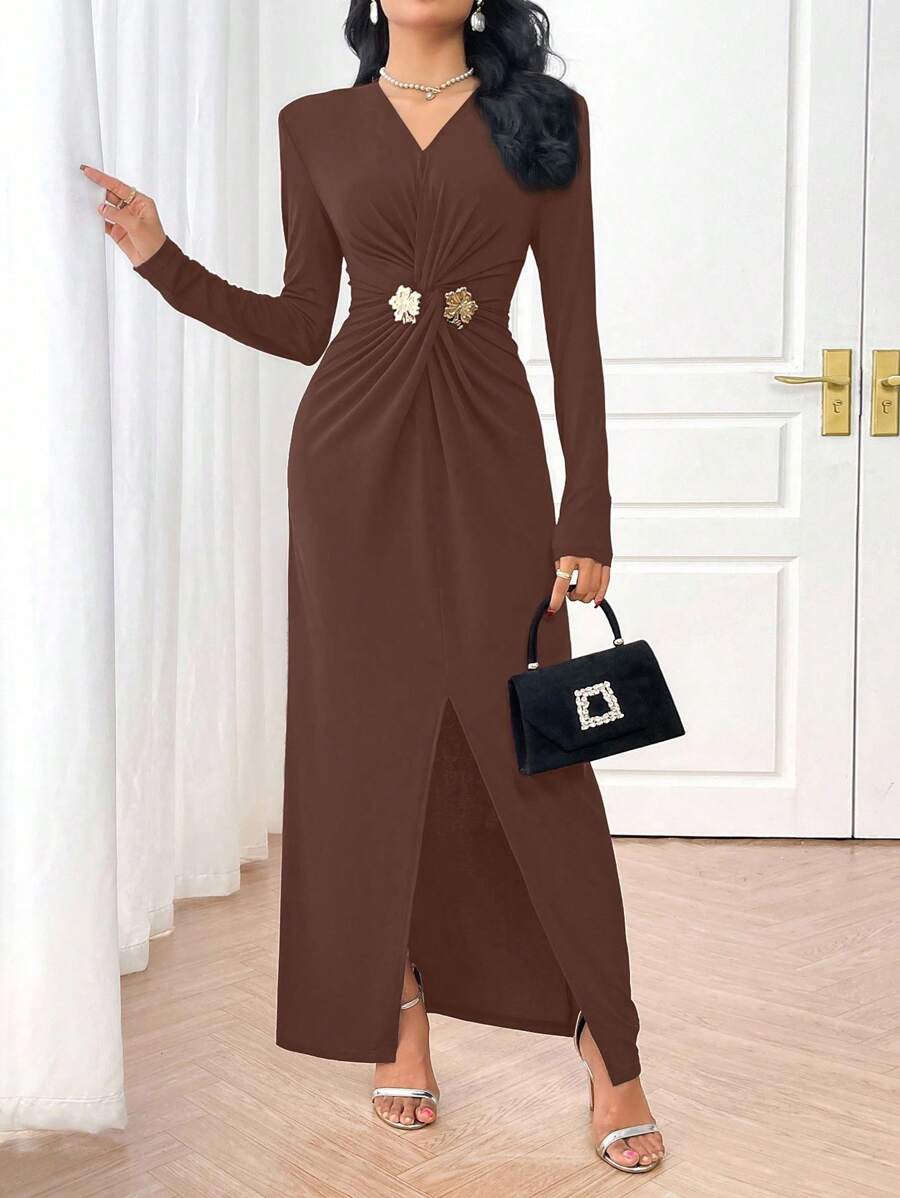 Modelyn Vestido de manga larga de estilo árabe con ajuste de cintura elegante y sencillo para mujer - Café integral - Ver 1
