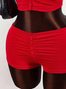 Amplova 2件套女士时尚性感校园女孩褶皱吊带背心和短裤夏季套装 - 紅色 - 查看 7