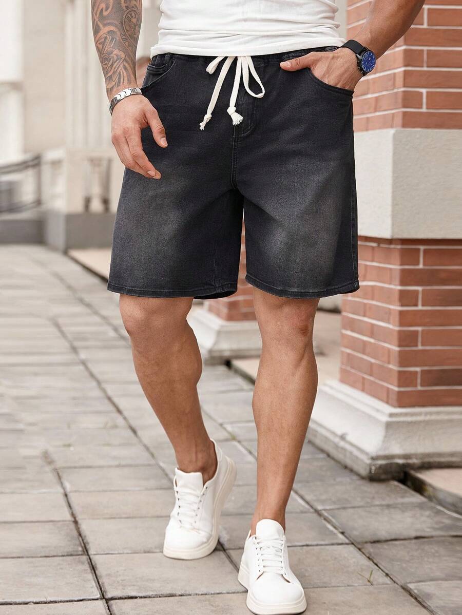 Manfinity Homme 大码男士纯色口袋抽绳腰休闲牛仔短裤男士短裤抽绳腰部 - 黑色 - 查看 1
