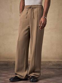 AKNOTIC Pantaloni casual dritti a gamba larga in colore marrone intrecciato per uomo, vestibilità morbida e ampia con coulisse, stile da designer, adatto per giovani uomini, regalo per laurea o ritorno a scuola