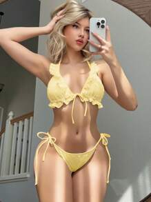Swim Mod 女款夏季海灘針織提花抓皺三角黃色比基尼套裝，側綁帶泳褲，甜美兩件式泳衣 - 黃色 - 查看 2