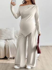 SHEIN Conjunto de 2 piezas de top y pantalones asimétricos de unicolor casual para mujeres embarazadas - Albaricoque - Ver 5