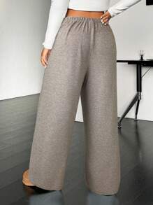 SHEIN EZwear 大码休闲抽绳针织直筒裤 - 卡其色 - 查看 2