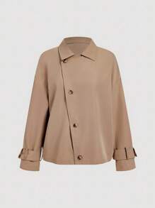 SHEIN MOD Vintage Khaki Short Trench Coat With Asymmetrical Diagonal Placket Brown Jacket Women Oversized Jacket Shacket,Back To School,Fall - Khaki - View 3