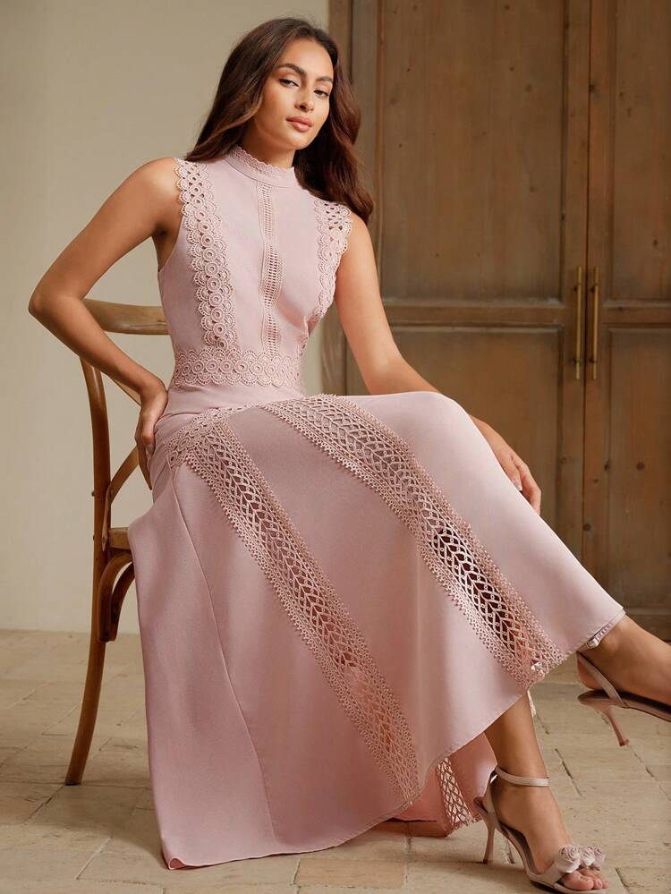 French Minimalist Vintage Style Waist Cinching Asymmetrical Embroidery Hollow Out Sleeveless Off Shoulder Slim Fit A-Line Dress