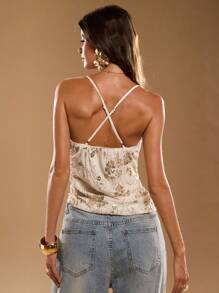 SHEIN BAE Women's Floral Bead Tube Embroidery Sequin Low Cut Elegant Fashion Camisole, Sleeveless Sequin Vest, Sequin Tops, Holiday Tops, Party Tops, Beach Tops, Boho Tops,Valentine's Day,Valentine Outfits For Women - Apricot - View 3