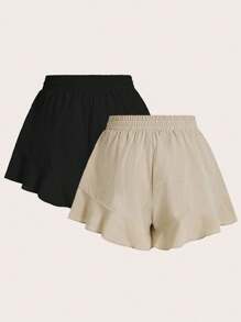 Elaquor 2 Pcs/Set Plus Size Solid Color Shorts With French Ruffle Hem
