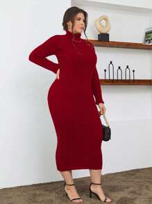 EURMUSE 100% Cotton Turtleneck Ribbed Knit Sweater Dress - Burgundy - View 3