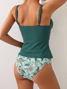 Swim Lushoire 2 Pièces Ensemble Tankini d'été pour femmes avec Top Bandeau Smocké Texturé Côtelé et Couleur Unie et Bas Triangle Côtelés Aléatoires, Vacances à la Plage