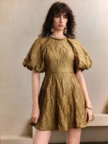 Aveloria Robe d'été pour femme en mini-ligne A avec ceinture à la taille, manches chauve-souris et col rond - Doré - Voir 6