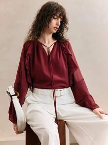 Arave Women's Elegant Chiffon Ruffle Flare Long Sleeve V-Neck Blouse, Graceful Work Commute Tops, Bohemian Resort Vacation Style,Summer Dresses For Women,Bohemian Clothes,Fall Women Clothes,Fairycore,Going Out Tops Women,Vacation Outfits Women,Flowy Top,Oversized Shirt,Fall Women Clothes,Classy Outfits For Women,Tie Front Top