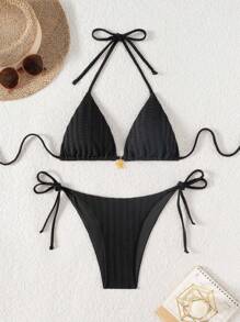 Swim Mod Conjunto de bikini para mujer con decoración de flor de metal texturizada en el cuello halter para vacaciones de verano en la playa - Negro - Ver 6
