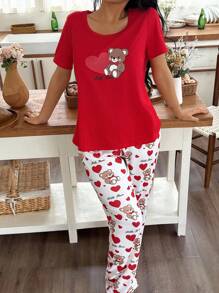 Cartoon Heart Bear Print Casual Short Sleeve & Long Pants Women Pajamas Set Teddy Bear Pajama Set Cute Pajama Set For Women Cute Pjs For Women Red Pajama Set Women Cartoon Pajamas Women - Red - View 5
