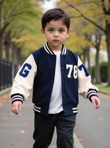 SHEIN 1pc Young Boy's Casual Baseball Jacket With Letter & Number Print, Long Sleeve, Suitable For Daily Wear, Sports, Outings, Back To School For 4-7 Years Old Boys Chic Outfits For Autumn/Winter Fall