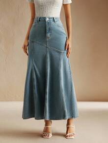 Anewsta 女士新款时尚蓝色牛仔美人鱼裙，适合情人节、母亲节、派对等场合 - 淺色水洗藍 - 查看 3