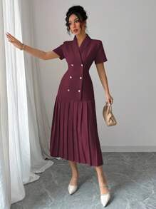 Elenzga Women's French-Style Elegant Office Casual Business Party Short Sleeve Dress, Collared, Metal Button, Empire Waist, High-Quality, Spring/Summer - Maroon - View 3