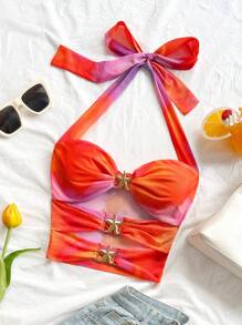 Soleia 女士度假针织网眼日落渐变印花露背系带修身背心，适合海滩度假、城市旅行、音乐节、派对、波西米亚风的休闲装 - 橘色 - 查看 5