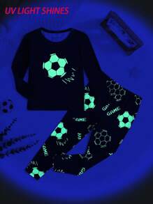 SHEIN 2pcs/Set Young Boy Snug Fit Soccer Graphic Crew Neck Long Sleeve Pajama Set