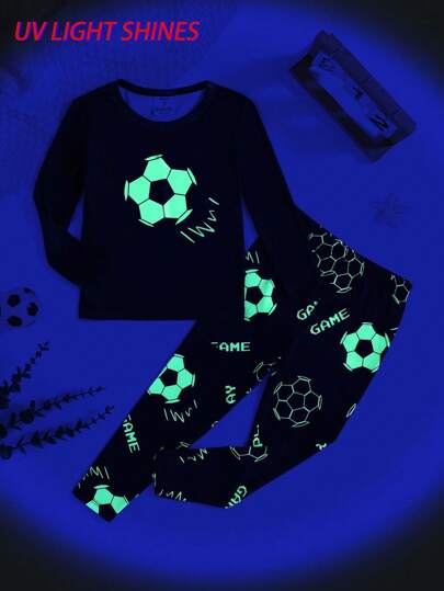 SHEIN 2pcs/Set Young Boy Snug Fit Soccer Graphic Crew Neck Long Sleeve Pajama Set