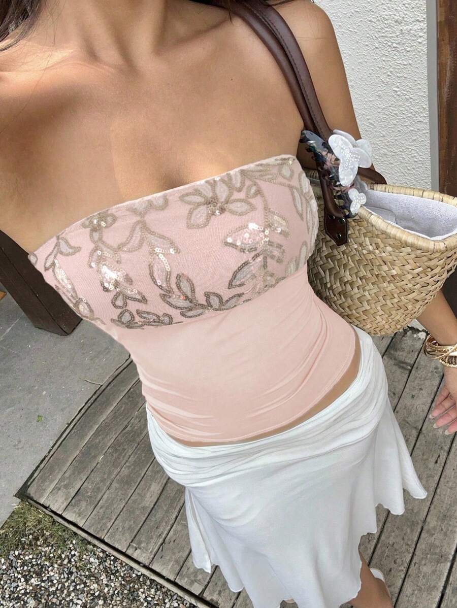 Sunnyshic 女士夏季休闲度假刺绣网眼亮片拼布抹胸 - 粉色 - 查看 1