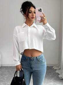 Elenzga Women's Cropped Drop Shoulder Long Sleeve Blouse Women Shirt - White - View 3