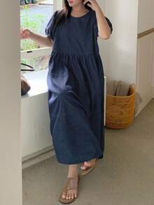 Dazy Plus 深水洗蓝色圆领泡泡短袖休闲连衣裙，夏季 - 深色水洗藍 - 查看 6