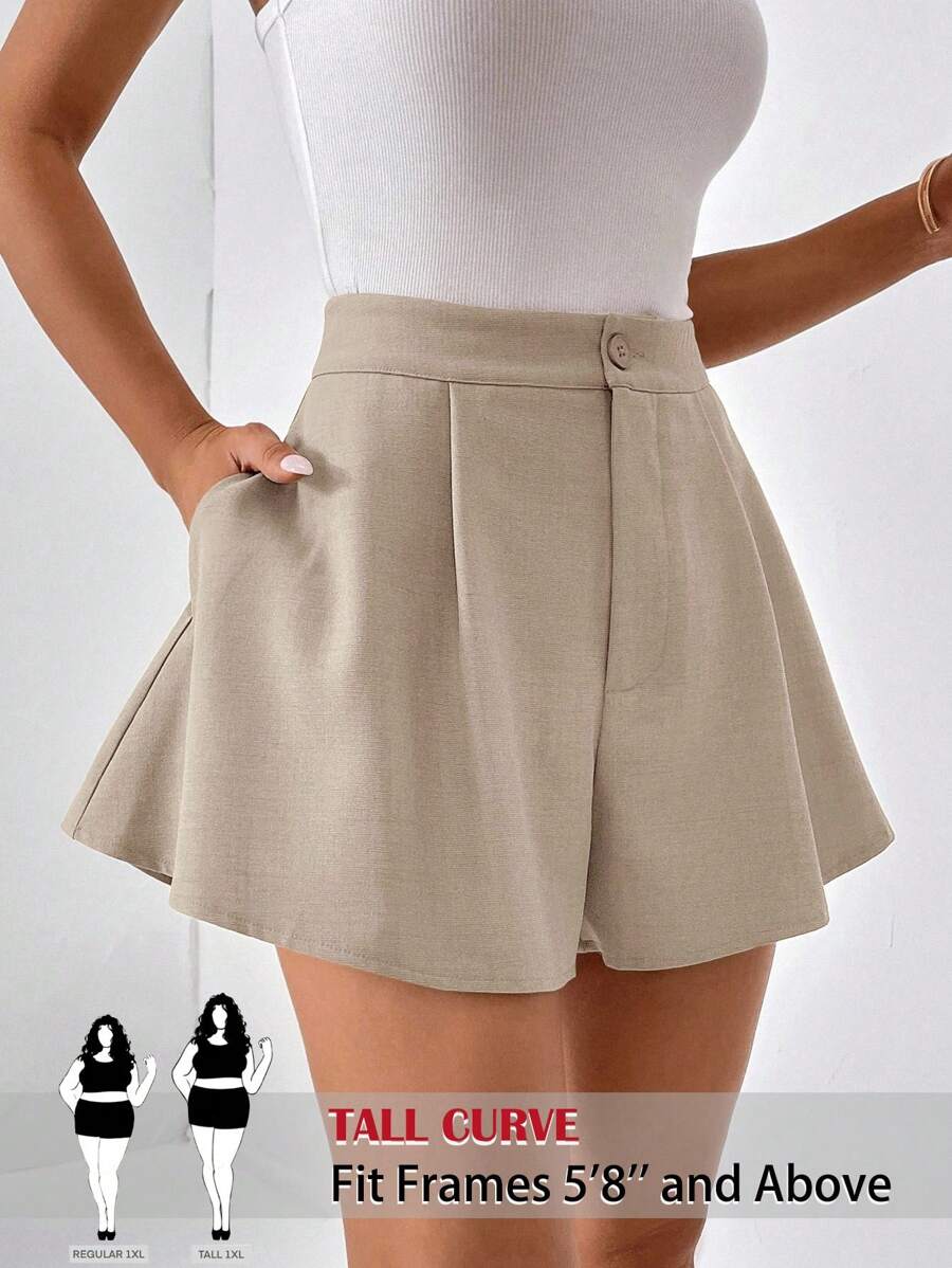 SHEIN Tall CURVE High-Waisted Khaki Plus Size Mini Shorts For Tall Women With Comfortable Fit Khaki Shorts Women Shorts