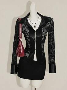 SHEIN ICON Women Lace Long Sleeve Single-Breasted Top And Fitted Midi Skirt Set - Black - View 3