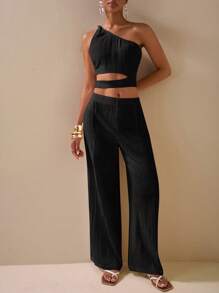 Zivah 2025 春夏新款休闲度假通勤优雅母亲节婚礼派对音乐节俱乐部服装两件套：黑色纹理单肩扭纹细节镂空腰上衣和阔腿长裤带口袋/夏季两件套女士/度假装女士两件套 - 黑色 - 查看 6