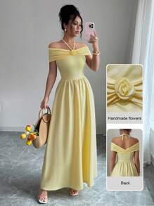 Modelyn 女士黄色细肩带露背 3D 花卉装饰连衣裙 - 黃色 - 查看 1