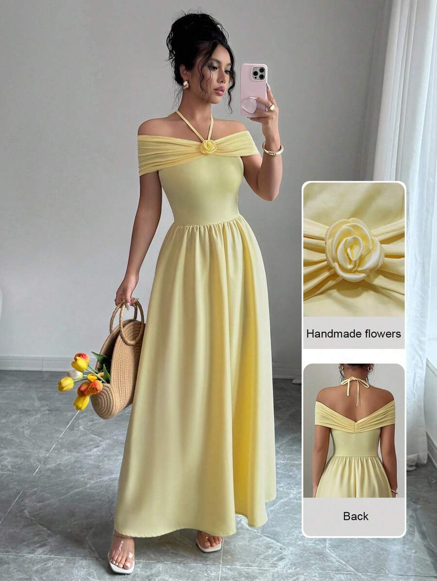 Modelyn 女士黄色细肩带露背 3D 花卉装饰连衣裙 - 黃色 - 查看 1