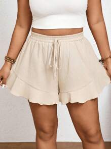 Elaquor 2 Pcs/Set Plus Size Solid Color Shorts With French Ruffle Hem