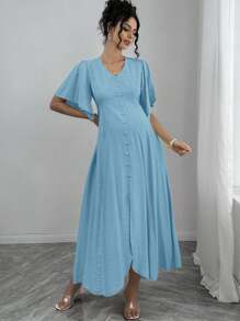 SHEIN Robe de maternité avec manches volantées, col en V, décoration de boutons à l'avant, ourlet asymétrique