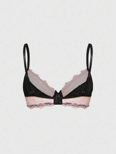 Goth Women's Romantic Contrast Lace Underwire Bra Top With Bow Decor