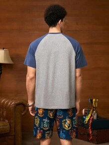 HARRY POTTER X SHEIN 2pcs/Set Men Summer Animal Badge & Letter Graphic Colorblock Raglan Sleeve T-Shirt And Shorts Loungewear Set