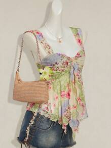 SHEIN ICON Women's Vacation Floral Print Pleated Fashion Camisole 4th Of July Women Outfits Cute Summer Tops Going Out Tops