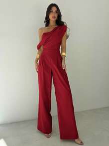 Firerie 女士端庄连体裤，优雅的杏色通勤和度假服装，采用不对称领口、垂坠紧身胸衣、不对称衣领和阔腿裤，舒适的连体裤适合春夏秋冬，适合海滩装、机场装、度假装、教师装 - 酒紅色 - 查看 6