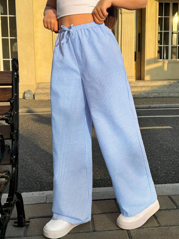 SHEIN Nova Glow Tween Girls Vacation Casual Striped Straight Leg Pants