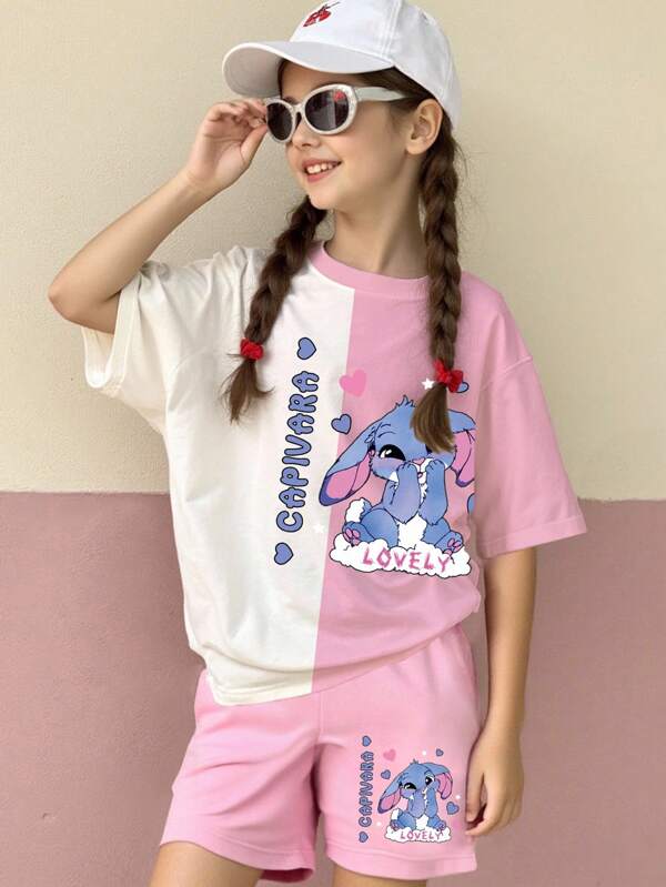 Girls Casual Cute Cartoon Rabbit Pattern Printed Basic Short Sleeve T-Shirt & Shorts 2-Piece Set Teen Girl Clothes Girls Summer Pajama Set Cute Capybara Shirt And Shorts Set Teen Girls Summer Outfits Two Piece Set For Teen Girls