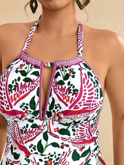Travachic Plus Size Tropical Floral & Bird Hollow Waist One Piece Swimsuit, Sexy & Casual Resort Wear