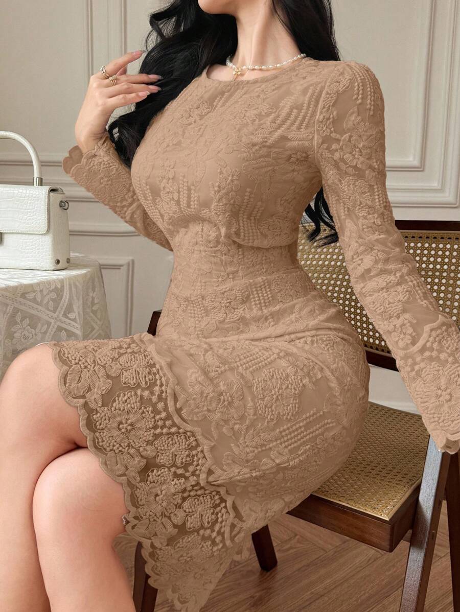 DAZY 优雅淑女独特蕾丝插片连衣裙,法式风格,秋季连衣裙长袖连衣裙 - 卡其色 - 查看 1