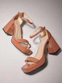 SHUZIA Giày cao gót đế vuông có khóa cài quai mắt cá chân cho nữ - màu nâu - Xem 6