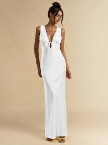 SHEIN BAE Váy dài bằng vải satin màu vàng trơn gợi cảm thanh lịch cổ chữ V sâu thắt eo viền ren mùa xuân và mùa hè, thích hợp cho ngày lễ tình nhân, tiệc tùng, lễ hội âm nhạc, phù dâu, vũ hội trang trọng, kỳ nghỉ, váy vàng - trắng - Xem 3