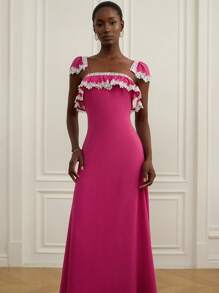 GENKIRA Women's Pink Elegant Lace Tea Party Summer Fuchsia Floral Lace Trim Bohemian Style Fitted Sleeveless Dress,Sundress,Country Music Festival Beach - Hot Pink - View 3