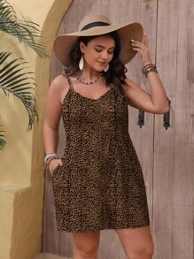 EMERY ROSE 加大码棕色纹理豹纹休闲连体裤，适合夏季 - 棕色 - 查看 5