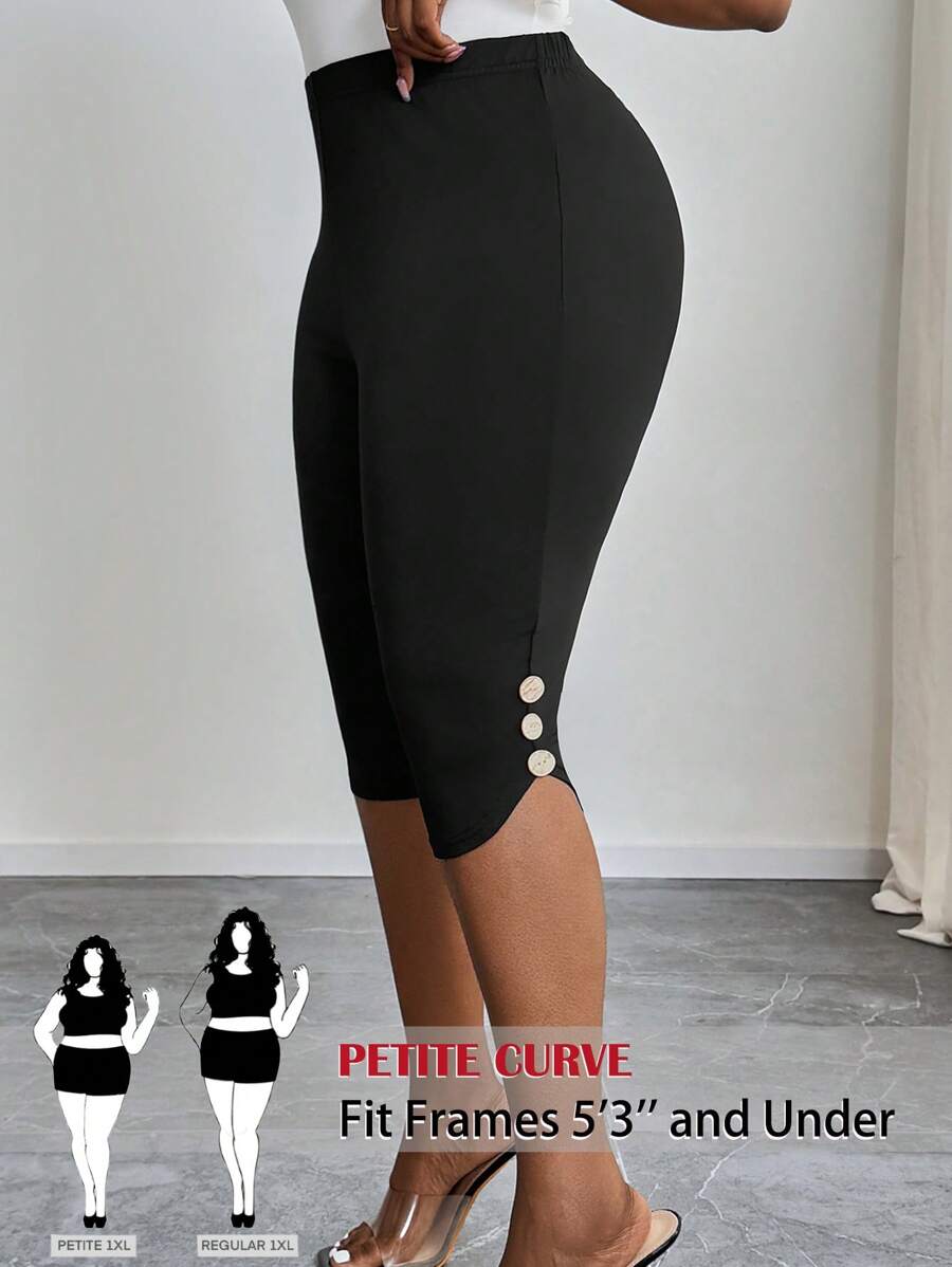 SHEIN PETITE CURVE Plus Size Summer Elastic Waist Button Decor 3/4 Leggings,European Summer, Streetwear, Suitable For People Of Shorter Stature