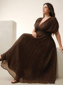 Anewsta Plus Size Women Summer V-Neck Ruched Shoulder Sleeve Dress, Suitable For Beach Vacation - Coffee Brown - View 1