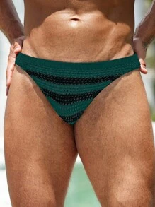 Manfinity Swimmode 男士性感条纹印花撞色针织三角裤 男士丁字裤 男士网眼泳裤 男士绿色泳裤 男士比基尼 男士游泳裤 男士绿色网眼泳装 - 軍綠色 - 查看 2