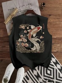 StoneGrade 日本传统浮世绘锦鲤图案印花黑色休闲背心，男士常规款 - 黑色 - 查看 2