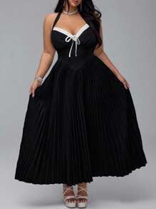 Flirla Plus Size Tie Bow Contrast Color Block Ruched A-Line Elegant Vacation Party Club Little Black Dress - Black - View 4